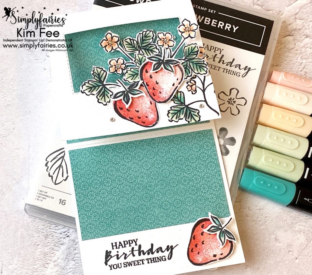 sweet strawberry stamp set, sweet strawberry bundle, tri fold easel card, fun fold card, how do i make a tri fold card, butterfly bijou dsp 